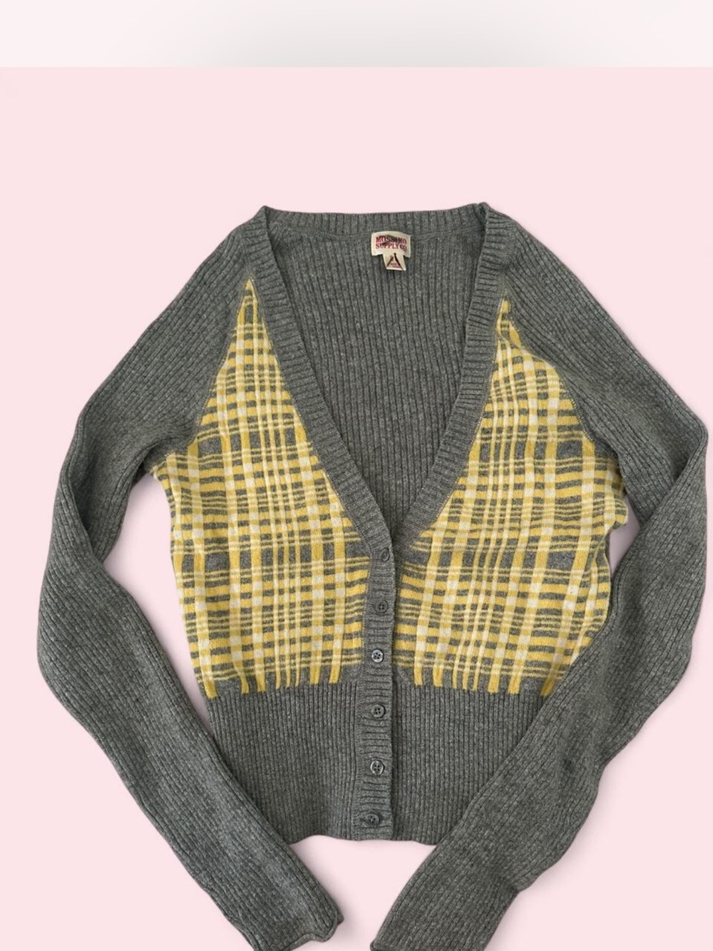Mossimo Supply Co. Gray Cardigan with Yellow Plaid Panels